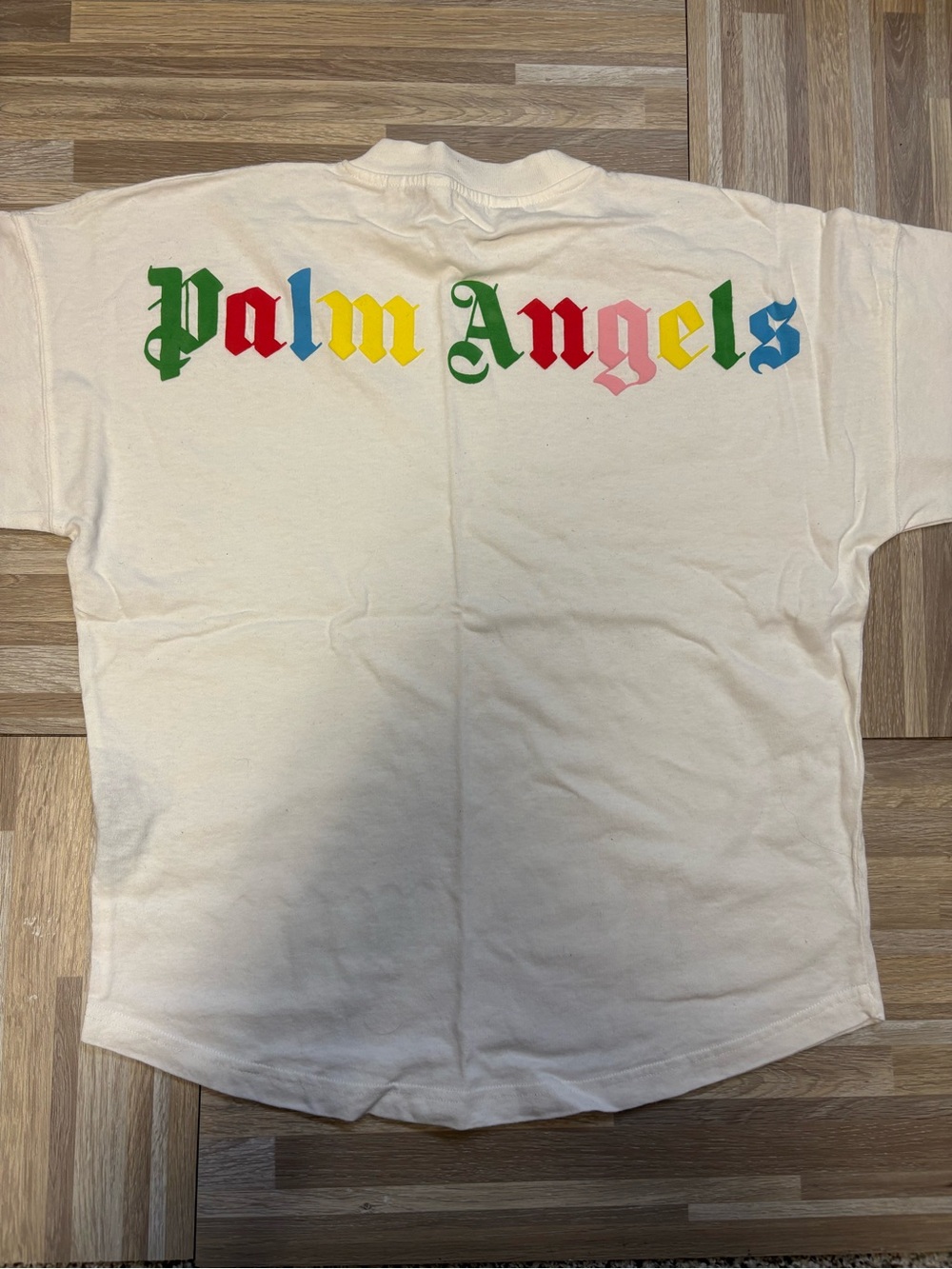 Palm Angels White Tee with Multicolor Old English Neck Print